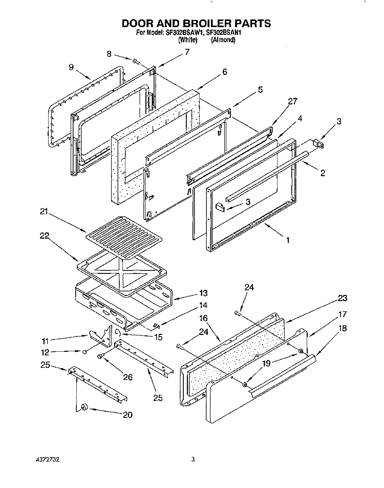DOOR AND BROILER Diagram and Parts List for SF302BSAN1  Whirlpool Range