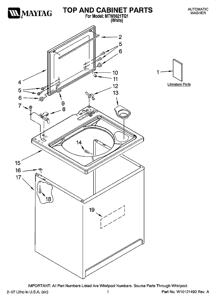 TOP AND CABINET PARTS Diagram and Parts List for MTW5621TQ1  Whirlpool Washer