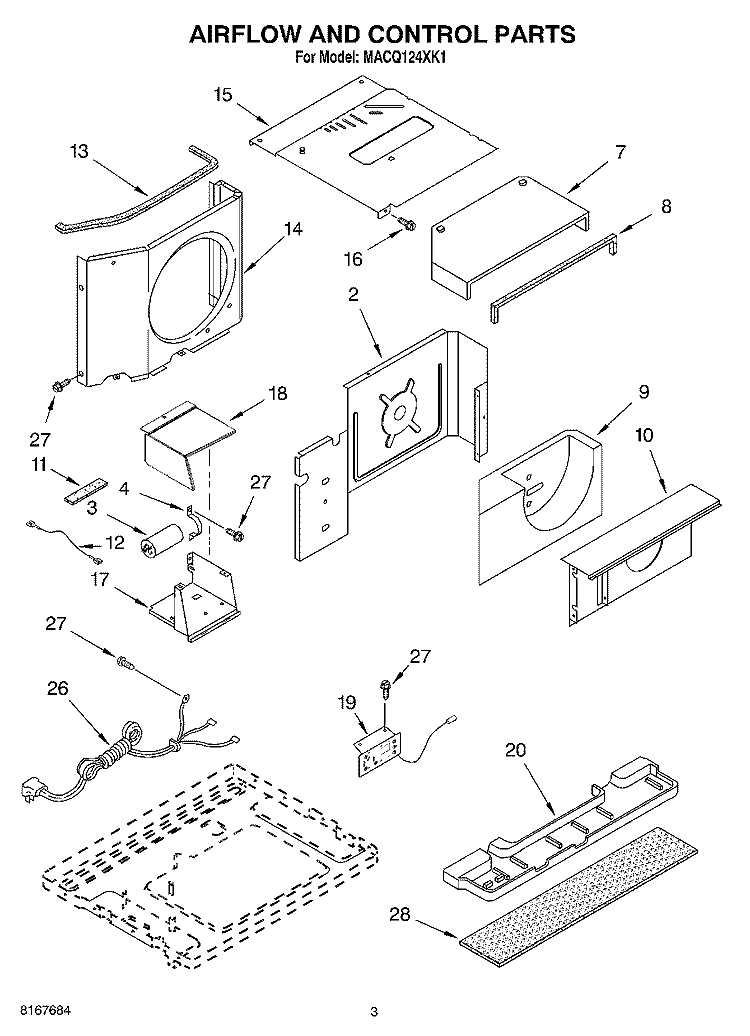 AIR FLOW AND CONTROL PARTS Diagram and Parts List for MACQ124XK1  Whirlpool Air Conditioner