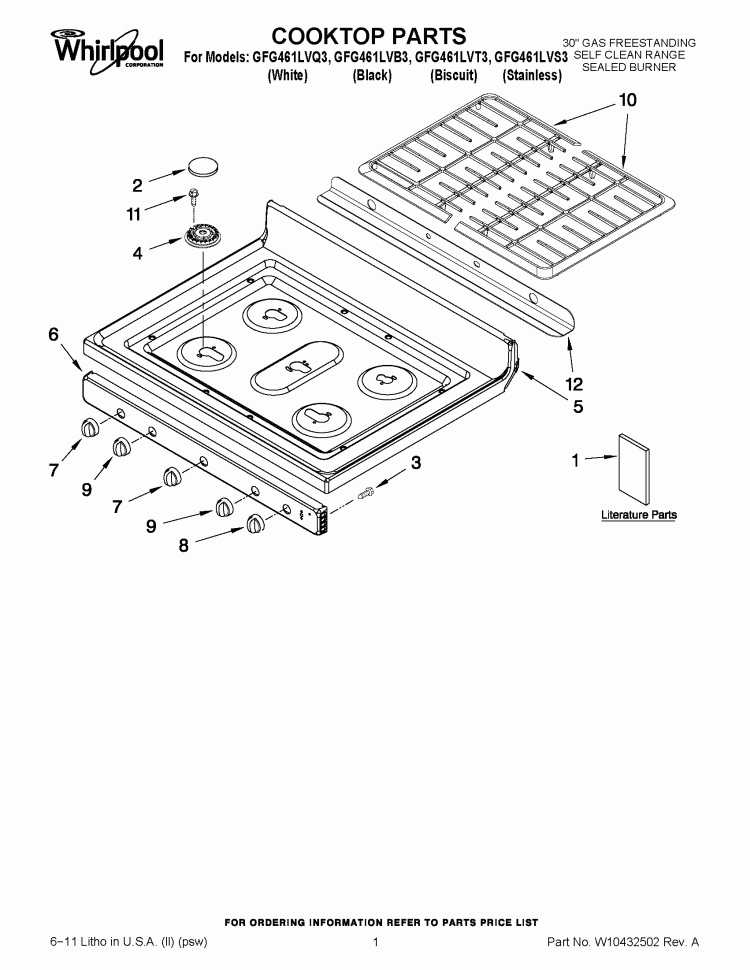 COOKTOP PARTS Diagram and Parts List for GFG461LVS3  Whirlpool Range