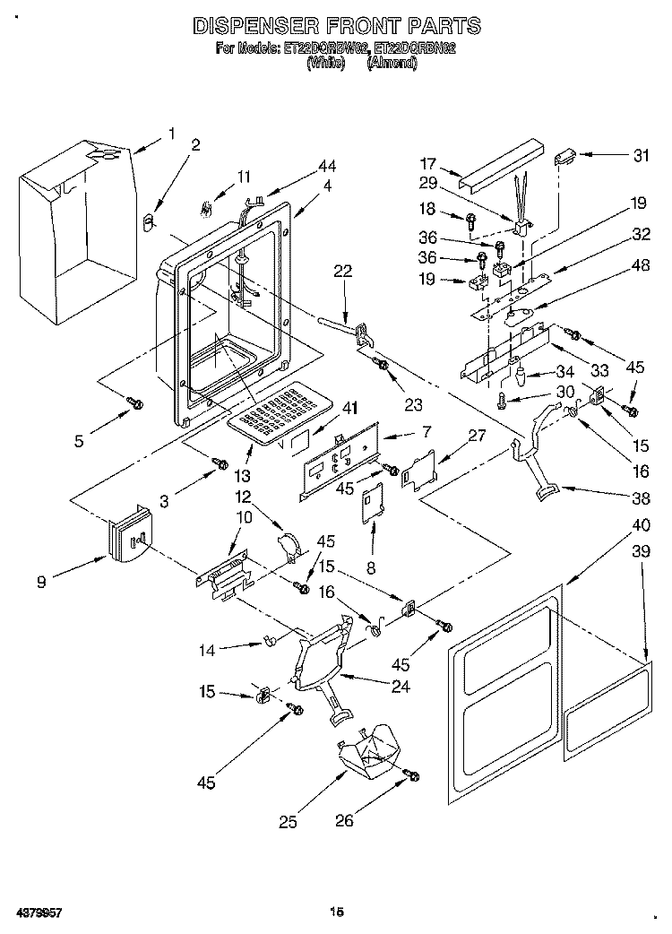 DISPENSER FRONT Diagram and Parts List for ET22DQRBW02  Whirlpool Refrigerator
