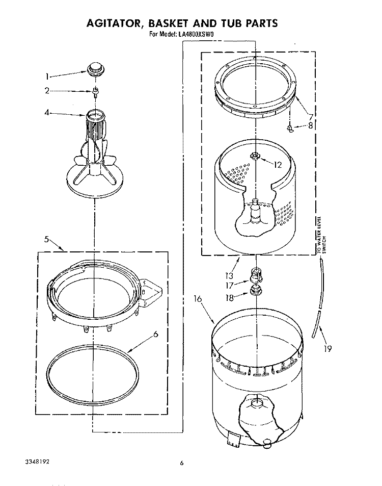 AGITATOR, BASKET AND TUB Diagram and Parts List for LA4800XSW0  Whirlpool Washer