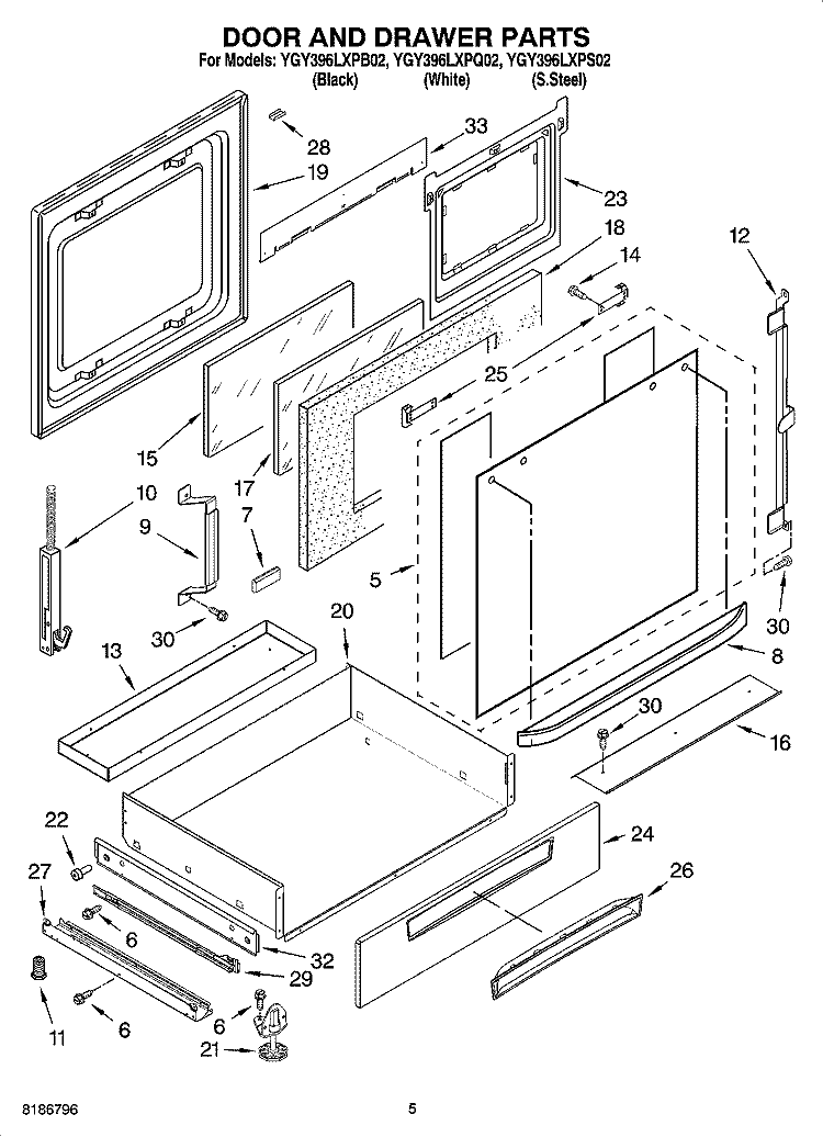 DOOR AND DRAWER PARTS Diagram and Parts List for YGY396LXPB02  Whirlpool Range