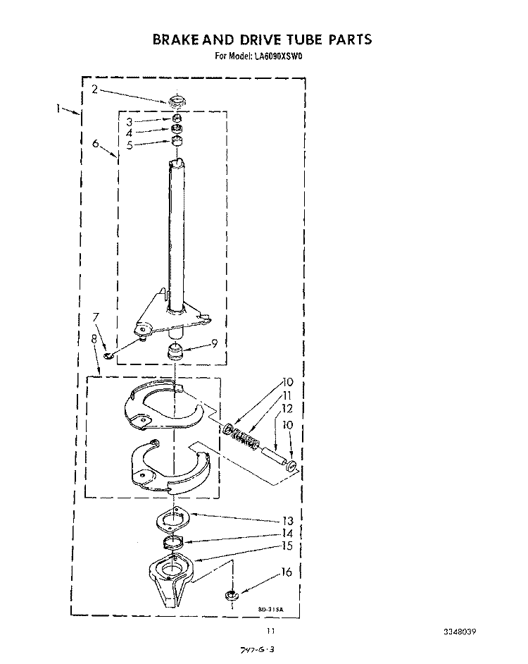 BRAKE AND DRIVE TUBE Diagram and Parts List for LA6090XSW0  Whirlpool Washer