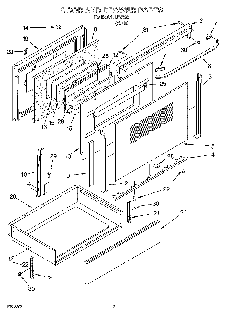 DOOR AND DRAWER PARTS Diagram and Parts List for IJP87801  Inglis Range