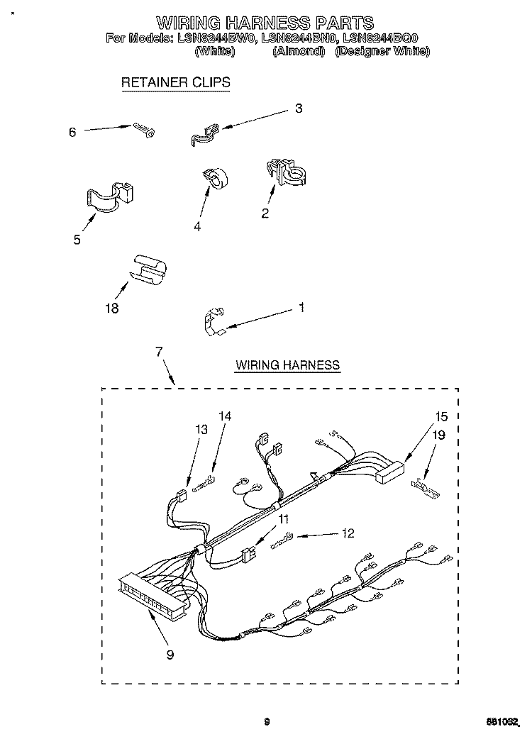 WIRING HARNESS Diagram and Parts List for LSN8244BN0  Whirlpool Washer
