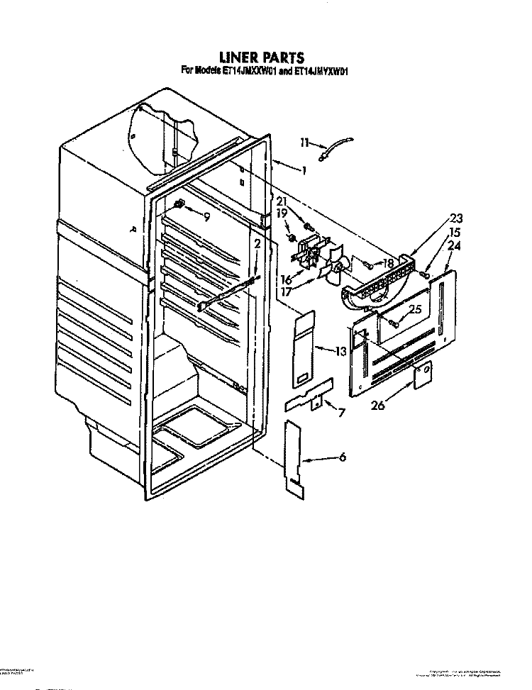 LINER Diagram and Parts List for ET14JMXXN01  Whirlpool Refrigerator