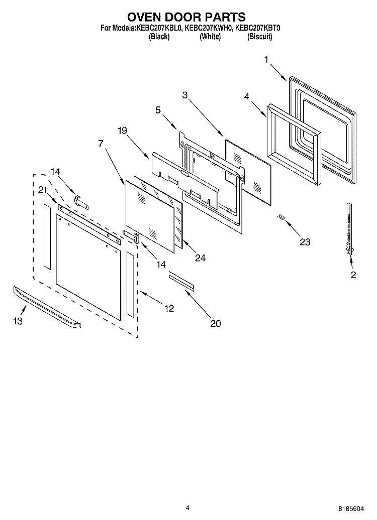 OVEN DOOR Diagram and Parts List for KEBC207KWH0  KitchenAid Wall Oven