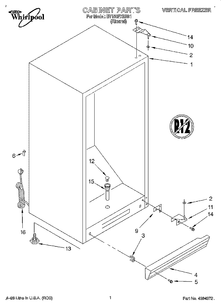CABINET Diagram and Parts List for EV150FXEN01  Whirlpool Freezer