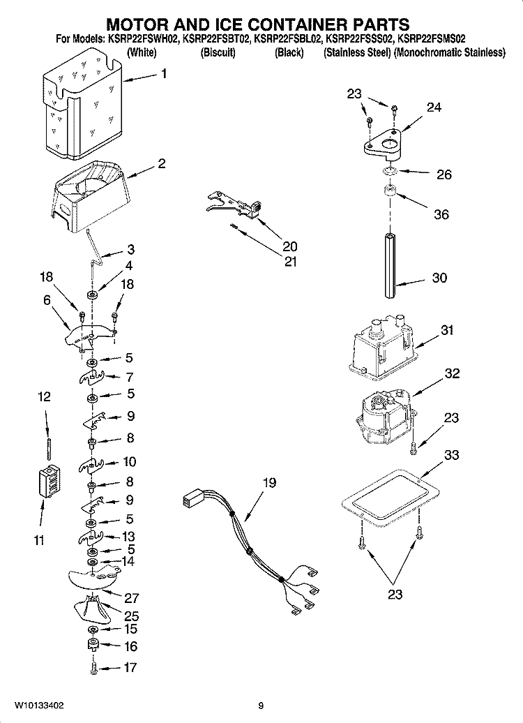MOTOR AND ICE CONTAINER PARTS Diagram and Parts List for KSRP22FSMS02  KitchenAid Refrigerator