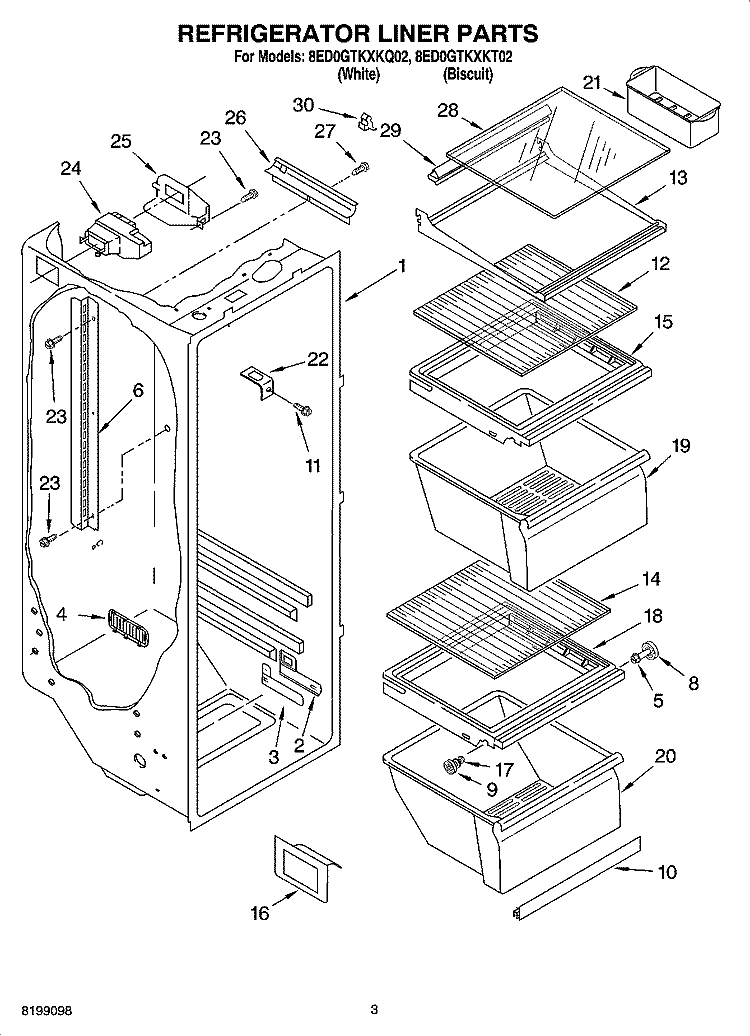 REFRIGERATOR LINER PARTS Diagram and Parts List for 8ED0GTKXKQ02  Whirlpool Refrigerator