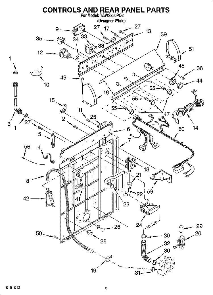 CONTROLS AND REAR PANEL PARTS Diagram and Parts List for TAWS850PQ2  Estate Washer