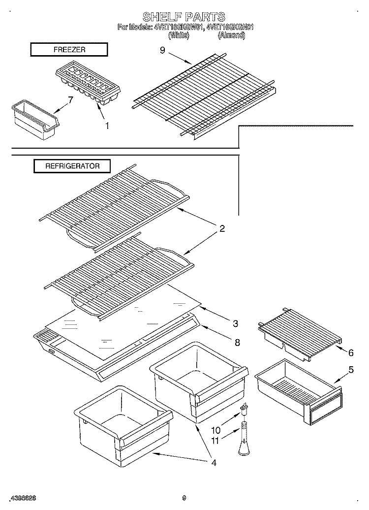 SHELF Diagram and Parts List for 4VET16GKGN01  Whirlpool Refrigerator
