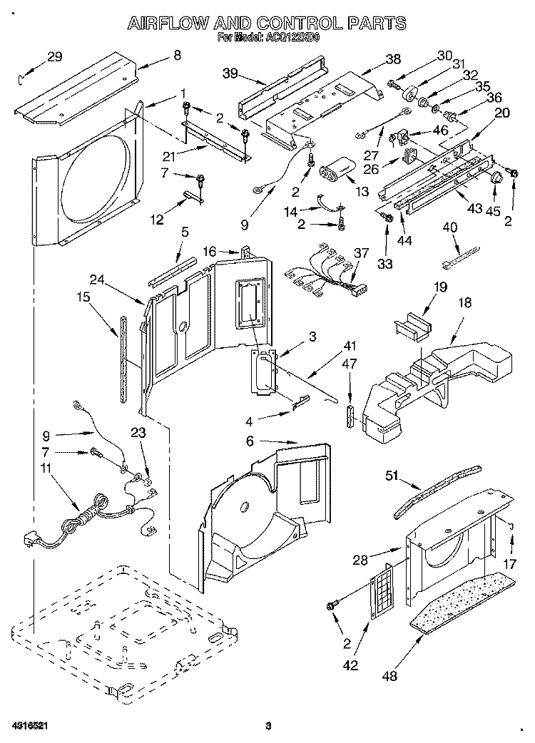 AIRFLOW AND CONTROL Diagram and Parts List for ACQ122XD0  Whirlpool Air Conditioner