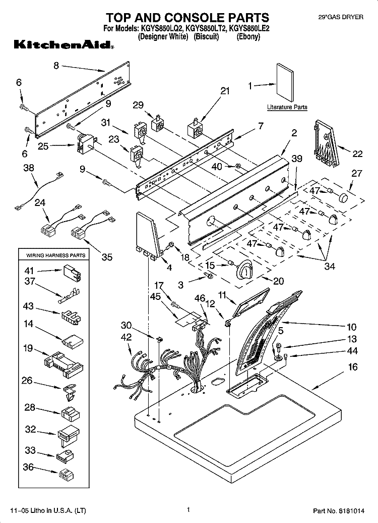 TOP AND CONSOLE PARTS Diagram and Parts List for KGYS850LE2  KitchenAid Dryer