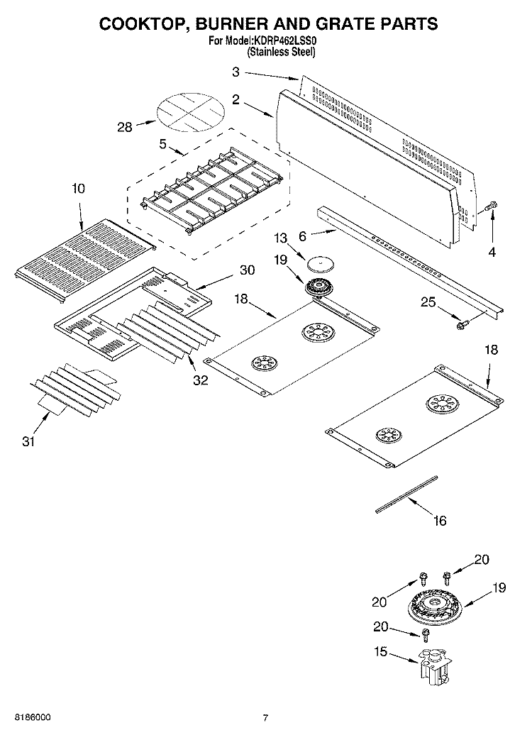 COOKTOP, BURNER AND GRATE Diagram and Parts List for KDRP462LSS0  KitchenAid Range
