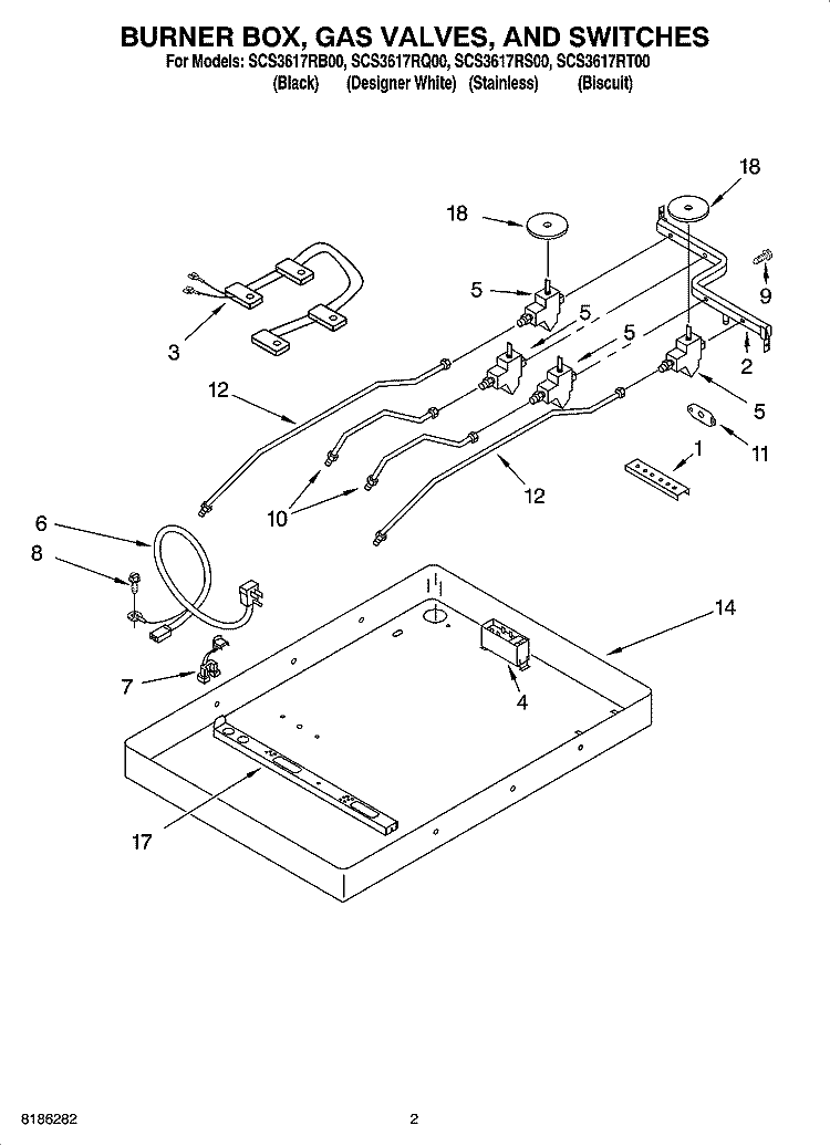 BURNER BOX, GAS VALVES, AND SWITCHES Diagram and Parts List for SCS3617RB00  Whirlpool Cooktop