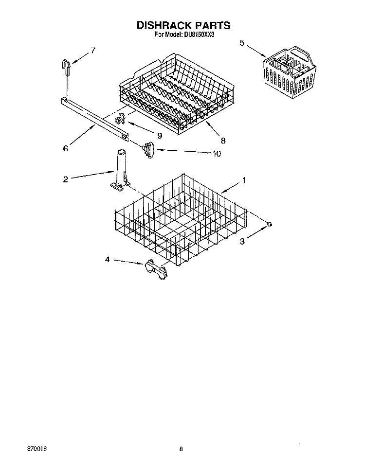 DISHRACK Diagram and Parts List for DU8150XX3  Whirlpool Dishwasher