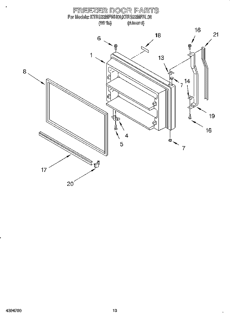 FREEZER DOOR, LIT/OPTIONAL Diagram and Parts List for KTRS22MFAL00  KitchenAid Refrigerator