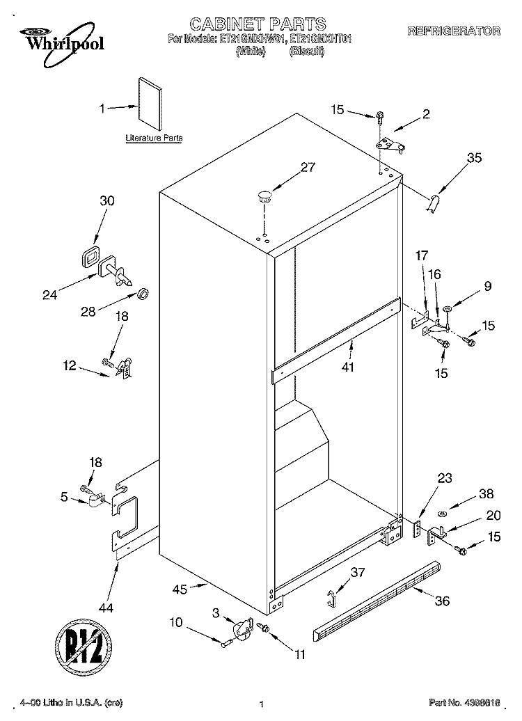 CABINET, LITERATURE Diagram and Parts List for ET21GMXHT01  Whirlpool Refrigerator