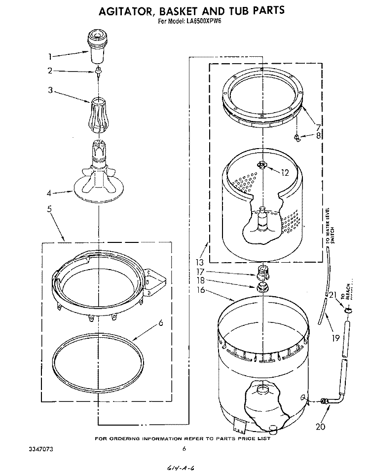 AGITATOR, BASKET, AND TUB Diagram and Parts List for LA6500XPW6  Whirlpool Washer
