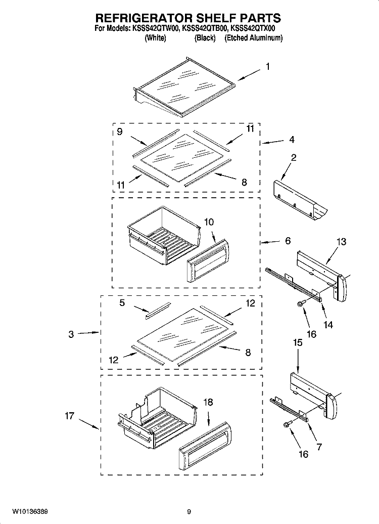 REFRIGERATOR SHELF PARTS Diagram and Parts List for KSSS42QTX00  KitchenAid Refrigerator