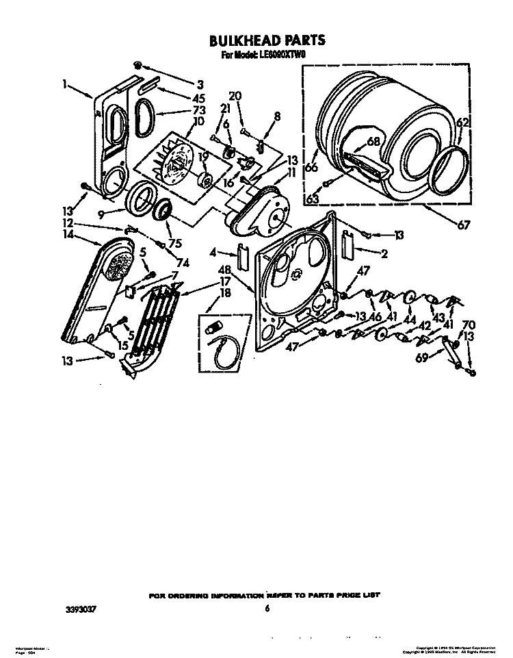 BULKHEAD Diagram and Parts List for LE6090XTN0  Whirlpool Dryer