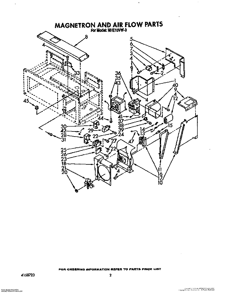 MAGNETRON AND AIR FLOW Diagram and Parts List for MHE10VW0  Roper Microwave