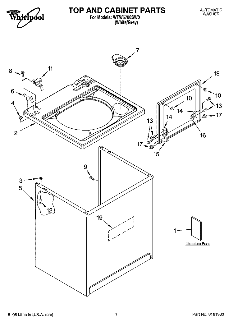 TOP AND CABINET PARTS Diagram and Parts List for WTW5700SW0  Whirlpool Washer