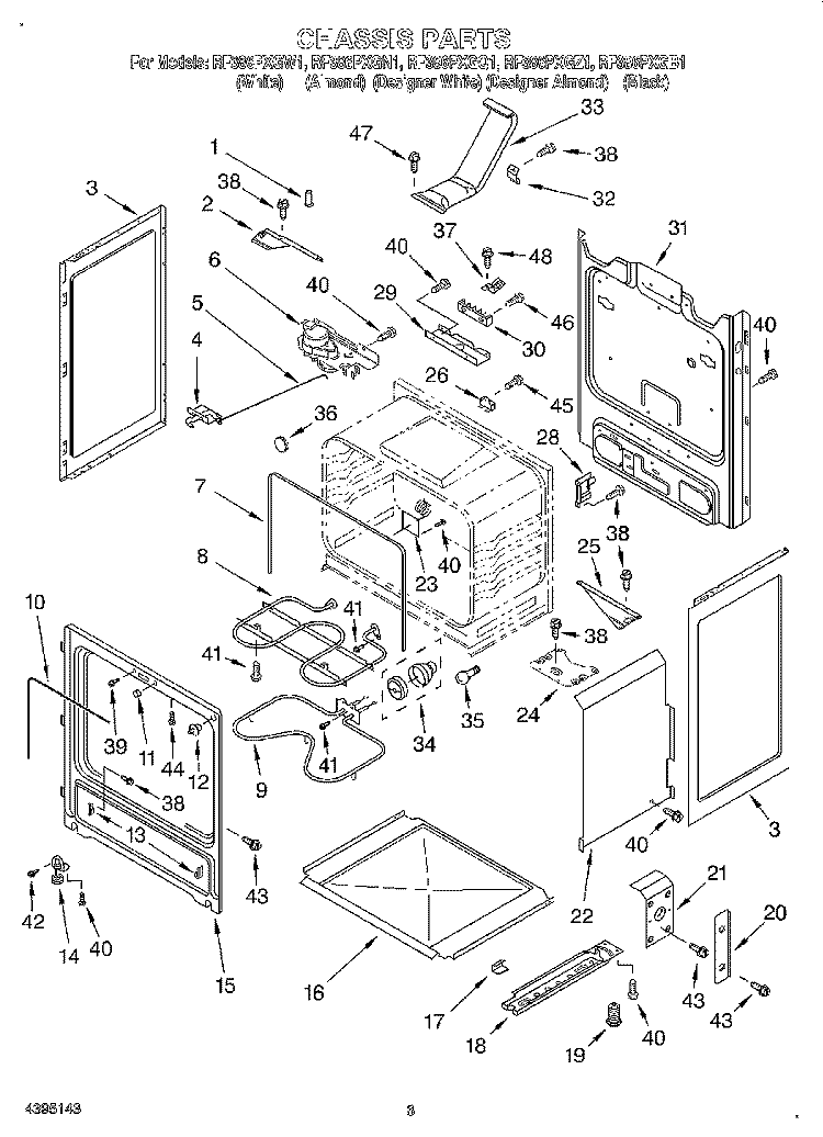 CHASSIS Diagram and Parts List for RF386PXGN1  Whirlpool Range