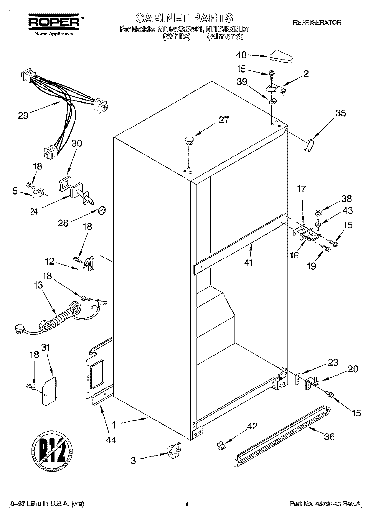 CABINET Diagram and Parts List for RT16VKXBL01  Roper Refrigerator