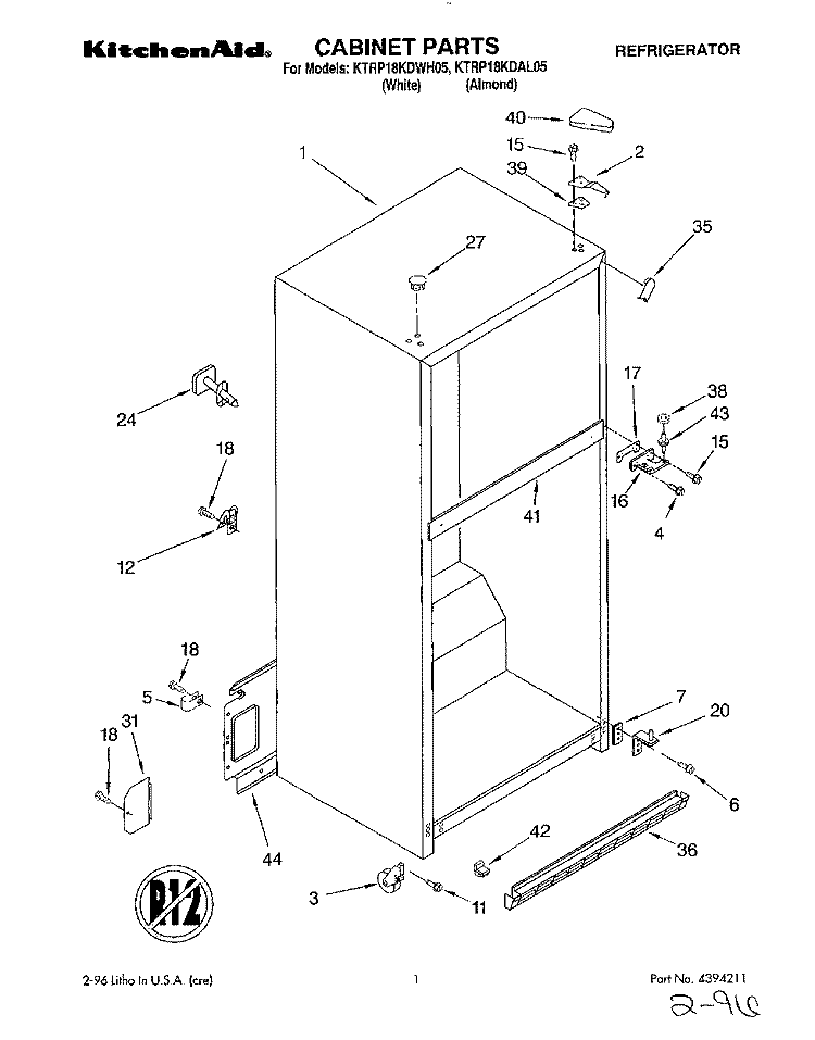 CABINET Diagram and Parts List for KTRP18KDAL05  Whirlpool Refrigerator