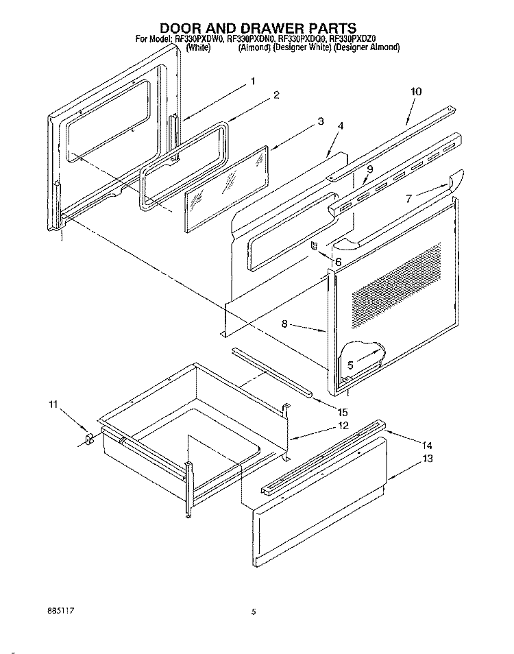 DOOR AND DRAWER, LITERATURE Diagram and Parts List for RF330PXDW0  Whirlpool Range