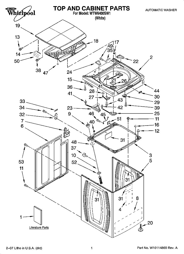 TOP AND CABINET PARTS Diagram and Parts List for WTW6400SW1  Whirlpool Washer