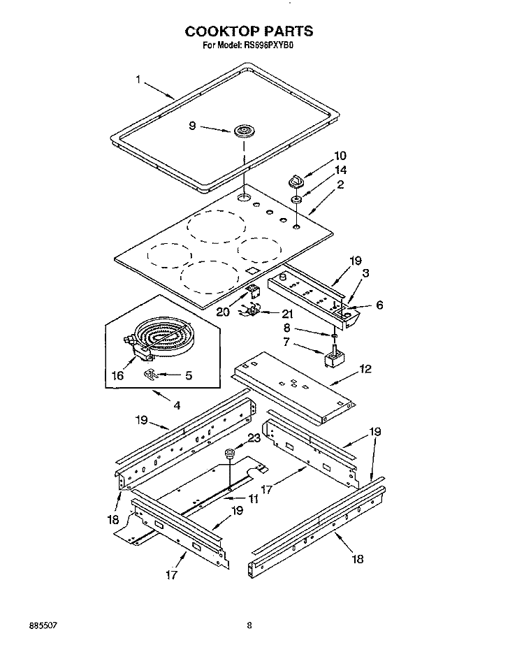 COOKTOP Diagram and Parts List for RS696PXYB0  Whirlpool Range