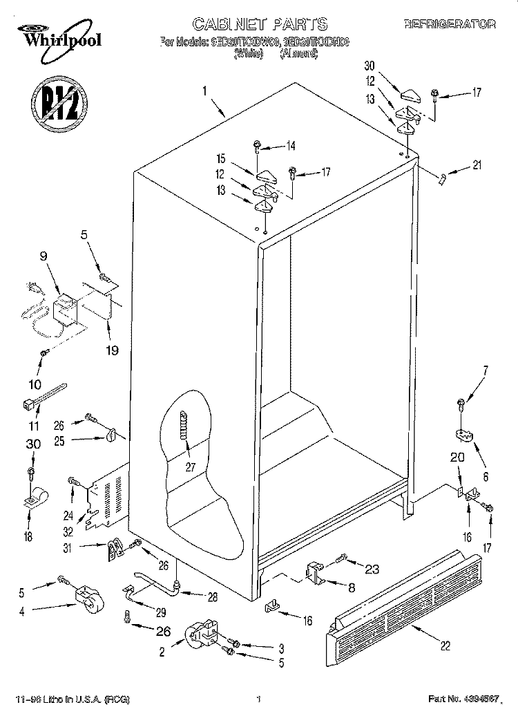 CABINET Diagram and Parts List for 9ED20TKXDN00  Whirlpool Refrigerator