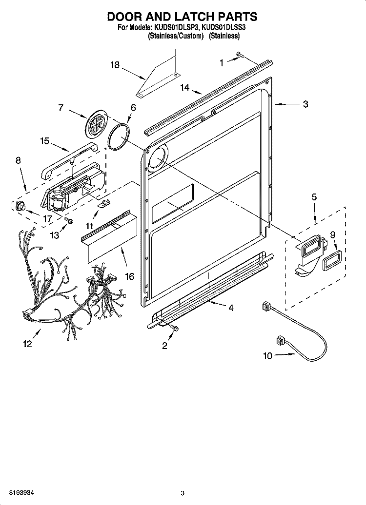 DOOR AND LATCH PARTS Diagram and Parts List for KUDS01DLSS3  KitchenAid Dishwasher