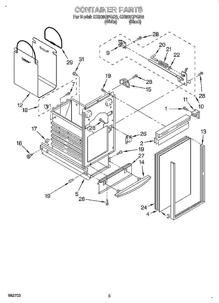 CONTAINER Diagram and Parts List for GX900QPGQ0  Whirlpool Trash Compactor