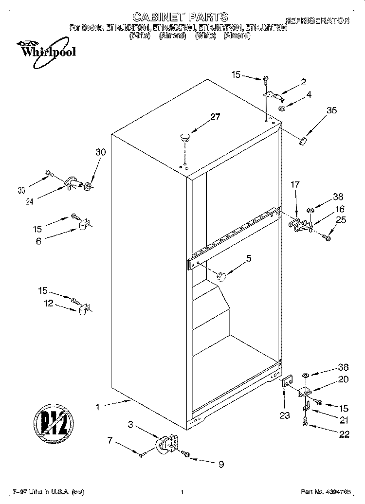 CABINET Diagram and Parts List for ET14JMXFN01  Whirlpool Refrigerator
