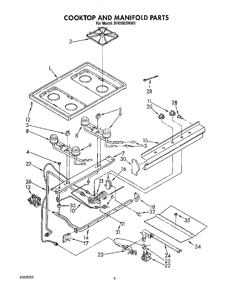 COOKTOP AND MANIFOLD, LIT/OPTIONAL Diagram and Parts List for SF0100SRW9  Whirlpool Range