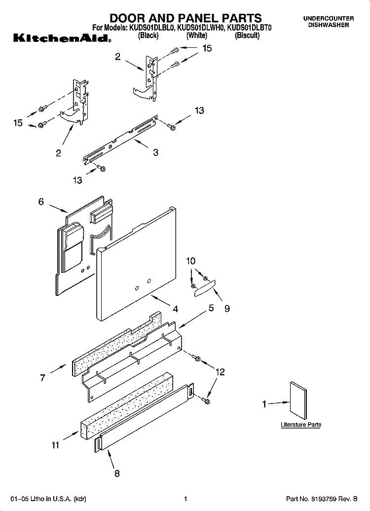 DOOR AND PANEL PARTS Diagram and Parts List for KUDS01DLBT0  KitchenAid Dishwasher