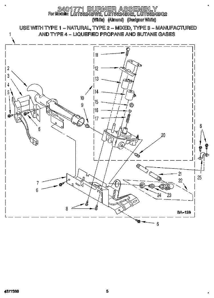 3401771 BURNER ASSEMBLY Diagram and Parts List for LGT5624BW2  Whirlpool Dryer