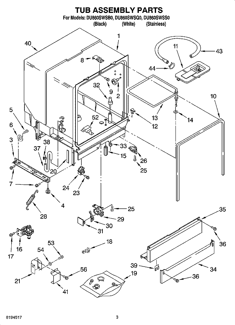 TUB ASSEMBLY PARTS Diagram and Parts List for DU860SWSS0  Whirlpool Dishwasher