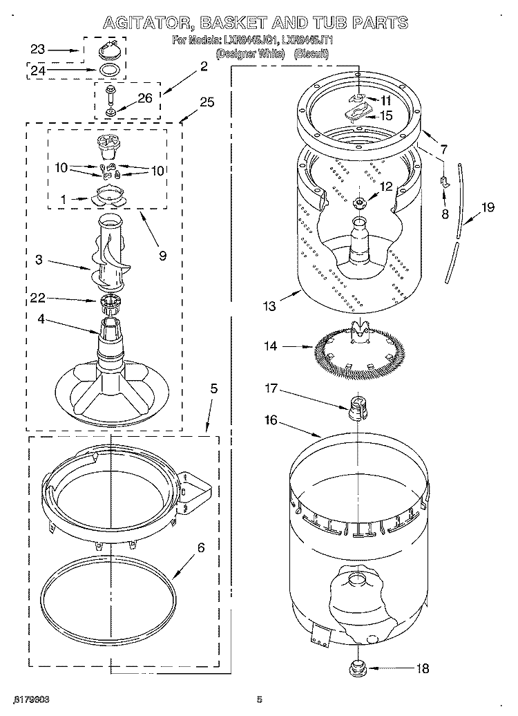 AGITATOR, BASKET, AND TUB Diagram and Parts List for LXR9445JQ1  Whirlpool Washer
