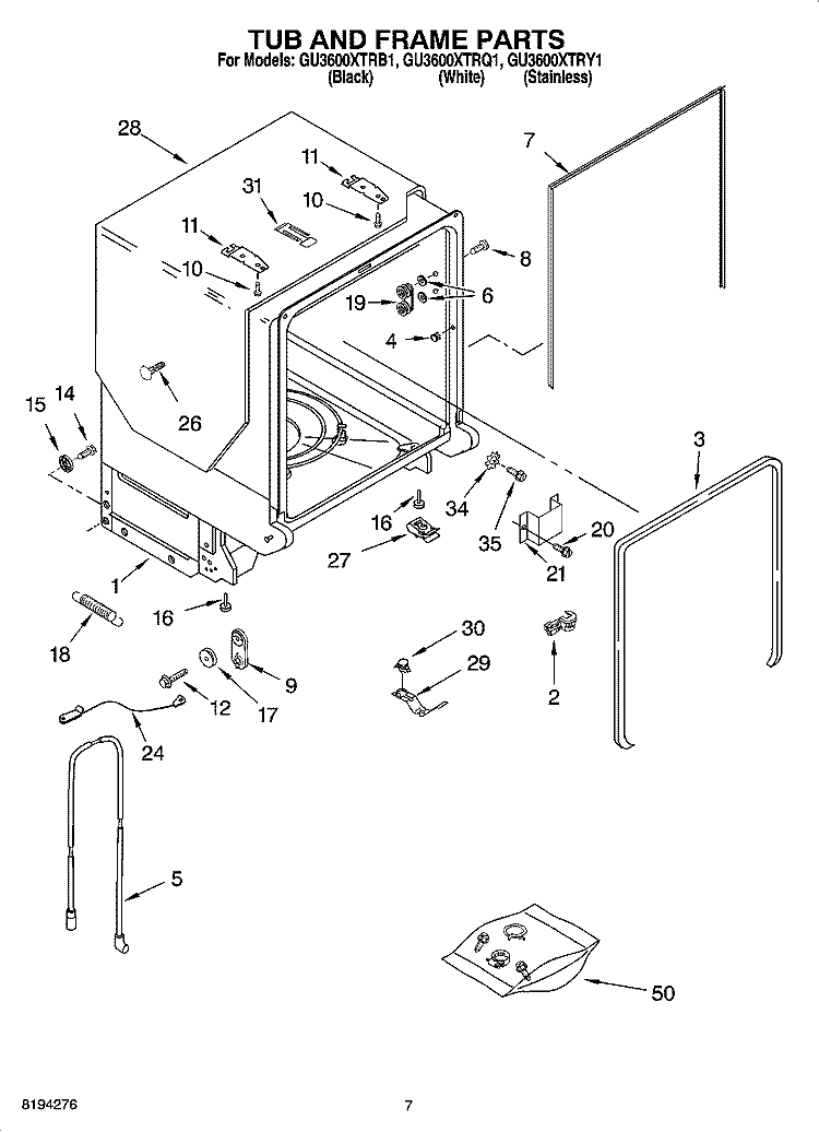 TUB AND FRAME PARTS Diagram and Parts List for GU3600XTRB1  Whirlpool Dishwasher