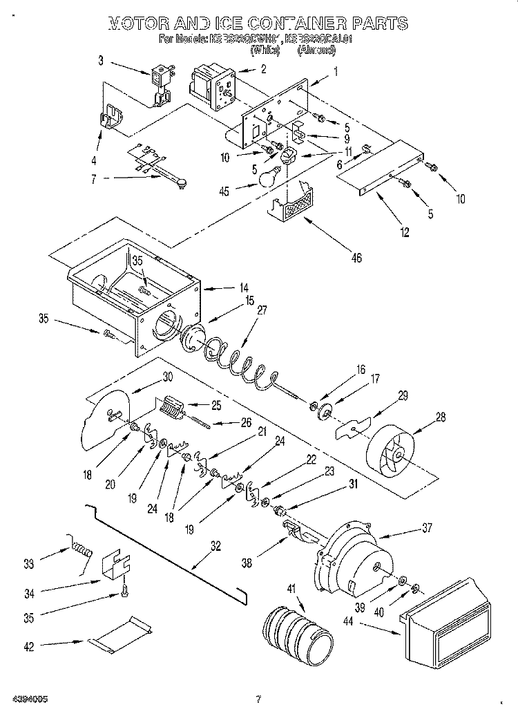 MOTOR AND ICE CONTAINER Diagram and Parts List for KSRS22QDWH01  KitchenAid Refrigerator