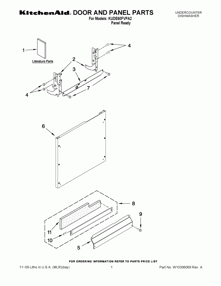 DOOR AND PANEL PARTS Diagram and Parts List for KUDE60FVPA2  KitchenAid Dishwasher