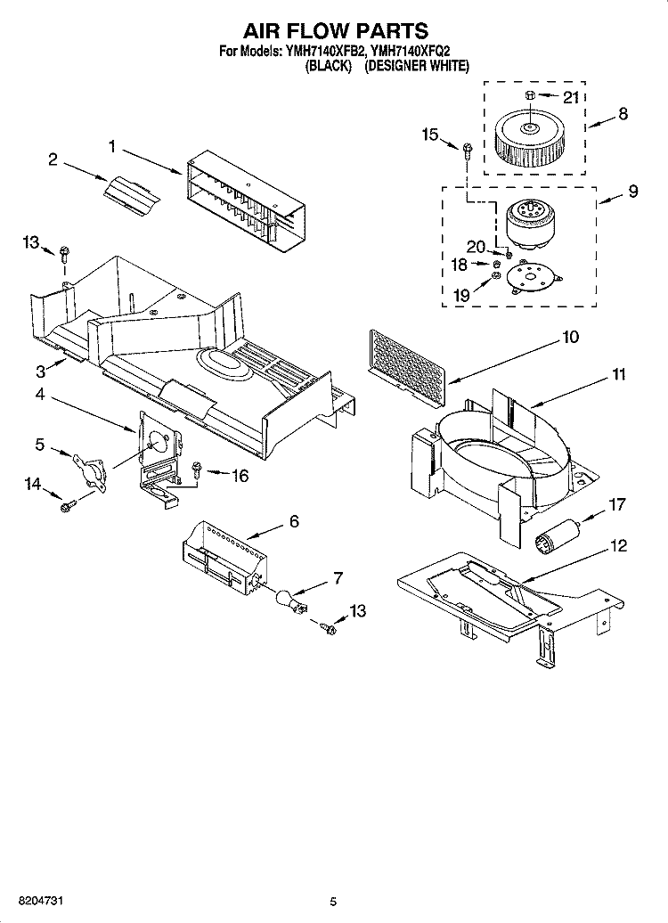 AIR FLOW PARTS Diagram and Parts List for YMH7140XFB2  Whirlpool Microwave