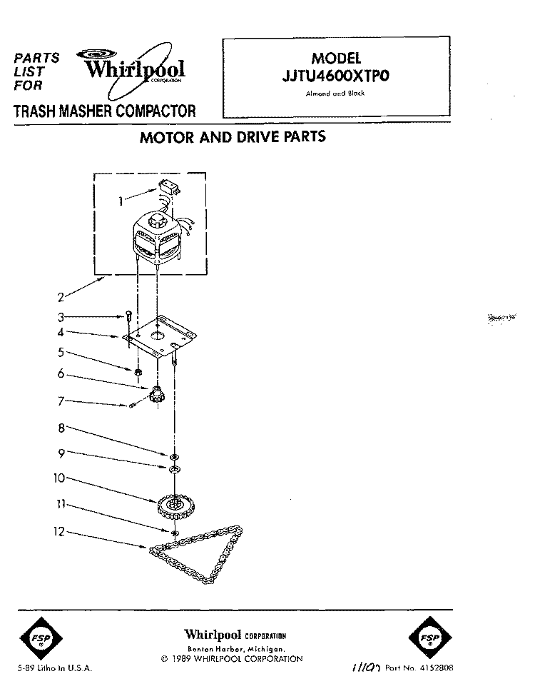 MOTOR AND DRIVE, LIT/OPTIONAL Diagram and Parts List for JJTU4600XTP0  Whirlpool Trash Compactor