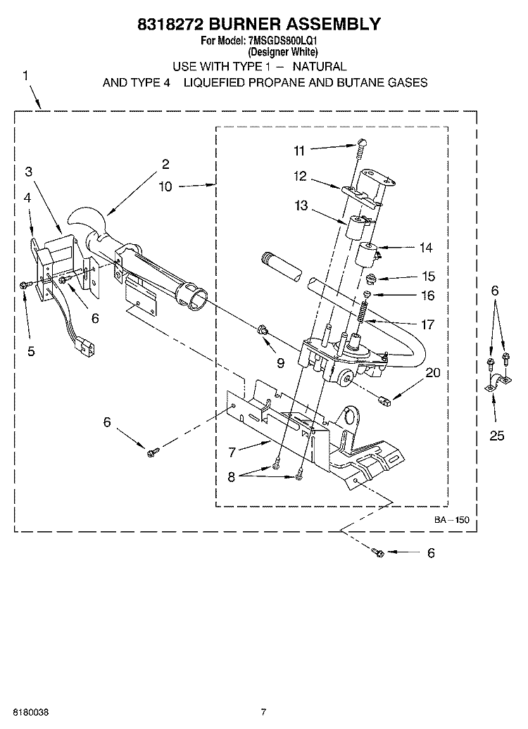 8318272 BURNER ASSEMBLY Diagram and Parts List for 7MSGDS800LQ1  Whirlpool Dryer